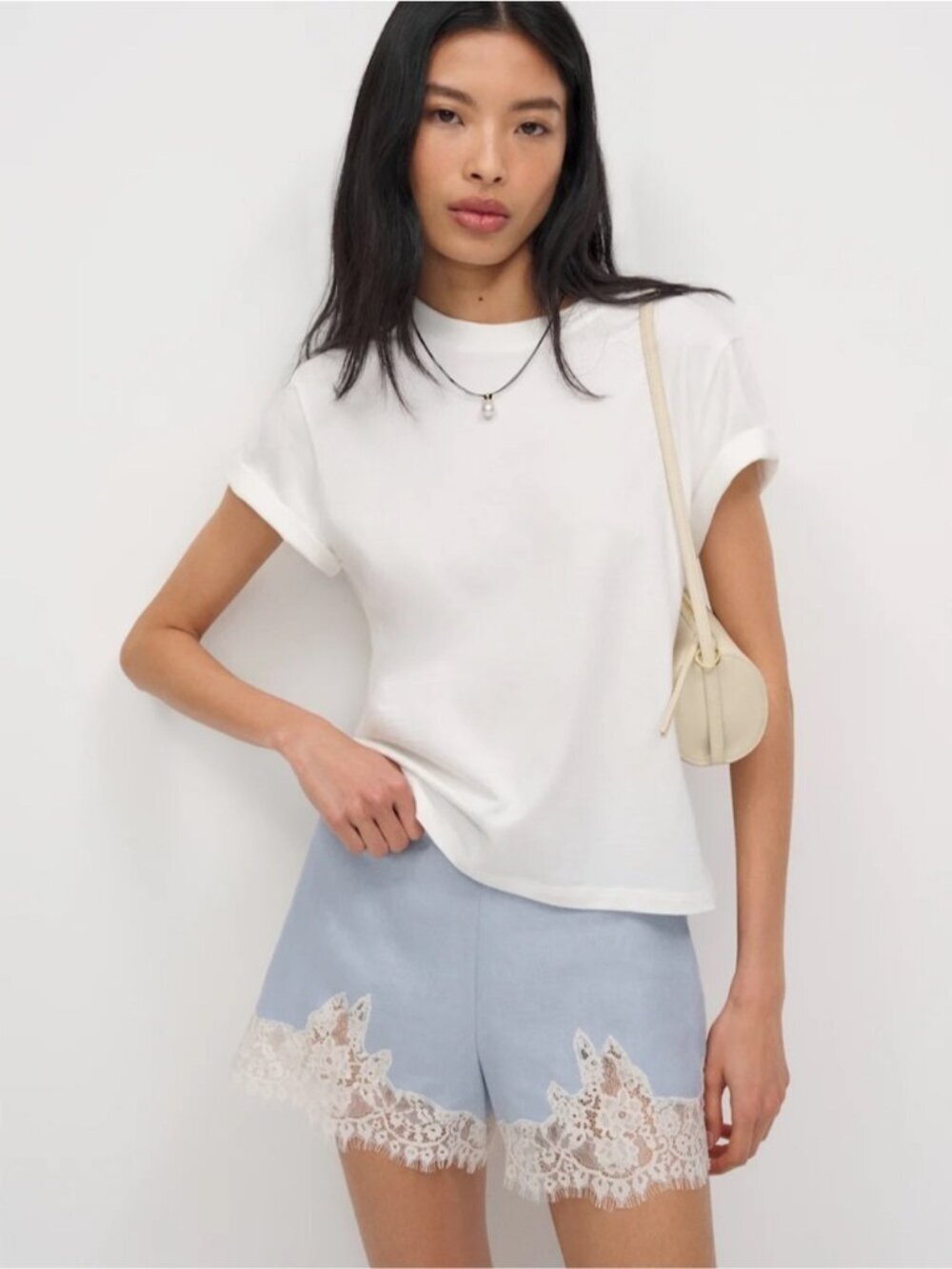 NEW Reformation Fern Cloud Blue Lace Trim Linen Shorts Elastic Waist | US M - Picture 2 of 12
